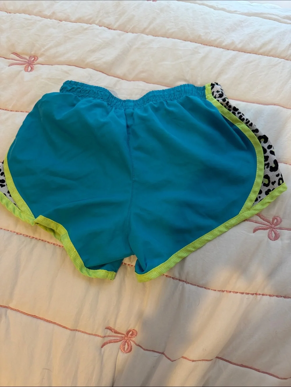 Justice Teal Athletic Shorts with Neon Lime Trim and Leopard Panels